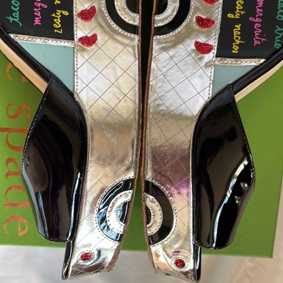 Kate Spade Black Patent Leather Dora Wedges Taco Truck Viva El Taco Size 10 - Picture 13 of 17